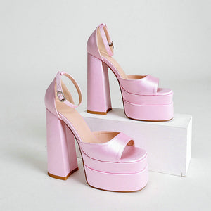 Kawaii Aesthetic Korean Style Black Pink Satin Chunky High Heel Platform Sandals