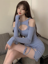 Korean Fashion Open Shoulder Long Sleeve Side Slit Bodycon Dress (Blue)