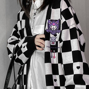 womens black and white checkered kuromi cardigan