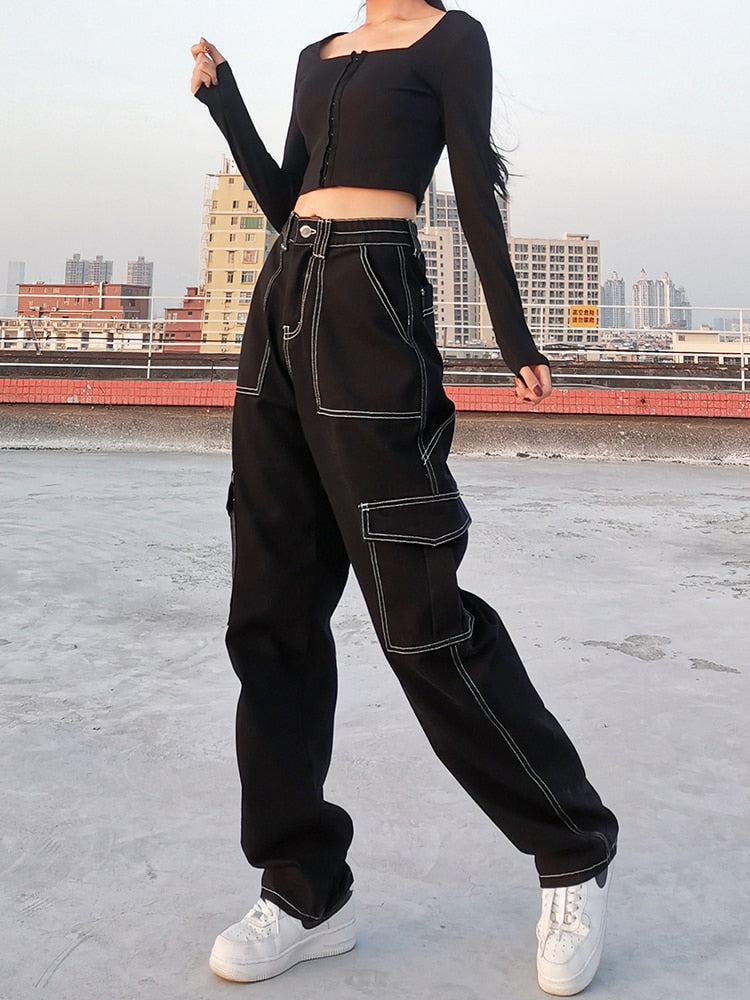 2019 Harajuku Cargo Pants Women High Waist Loose Pockets Pants Womens korean  Streetwear Hip Hop trou  Женские штаны Брюки для женщин Корейский  уличный стиль