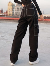 Harajuku Korean Fashion Y2K High Waist White Stitch Black Cargo Pants