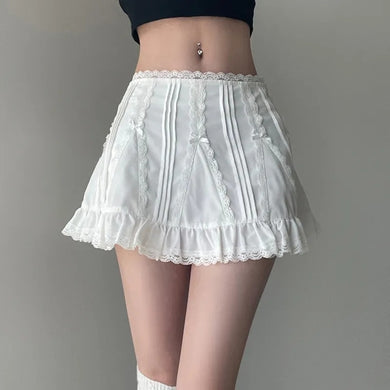 Korean Coquette Dollette Y2K Aesthetic White Lace Mini Skirt