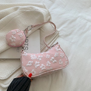 Harajuku Kawaii Fashion Y2K Aesthetic Floral Pattern Shoulder Bag with Round Pouch (Black/Pink/White)