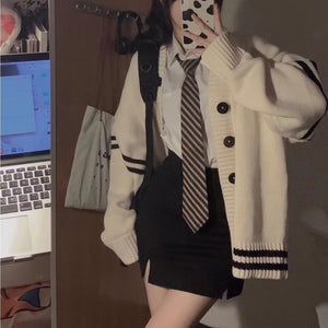 Harajuku Kawaii Fashion Oversized Beige Cardigan with Black Stripes
