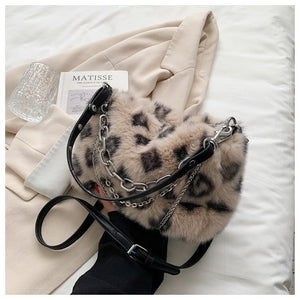 Korean Fashion Aesthetic Faux Fur Chain Shoulder Bag Brown