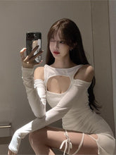 Korean Fashion Open Shoulder Long Sleeve Side Slit Bodycon Dress (White)