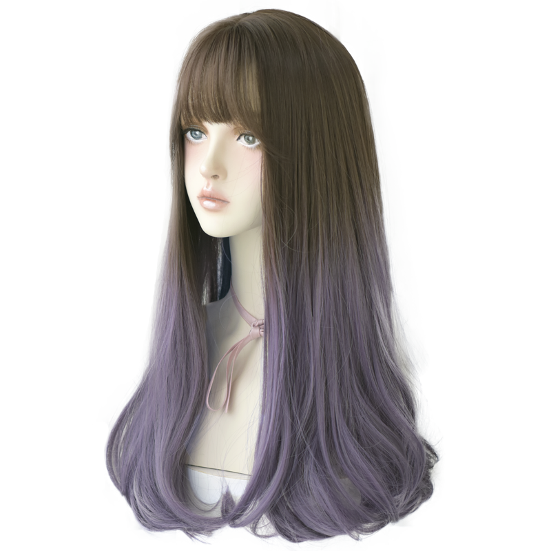 Korean Style Kpop Idol Wig Cosplay Synthetic Wig Brown Purple Ombre Straight Long Wig