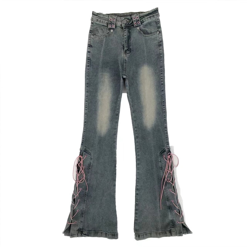 Harajuku Y2K Flare Jeans Pink Corset Lacing Flare Jeans – The Kawaii Factory