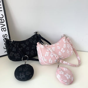 Harajuku Kawaii Fashion Y2K Aesthetic Floral Pattern Shoulder Bag with Round Pouch (Black/Pink/White)