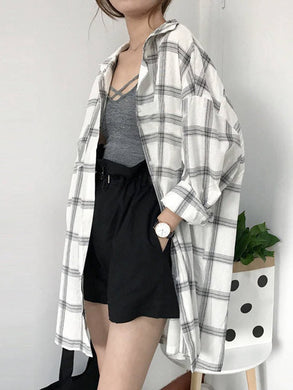 Harajuku Korean Fashion Oversized Plaid Checkered Shirt Overshirt (Black/White)