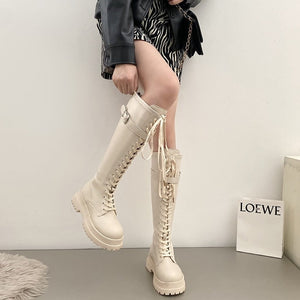womens beige knee high boots combat boots 