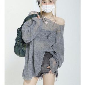 Harajuku Kawaii Fashion Y2K Fairycore Oversized Sheer Knit Sweater Grey