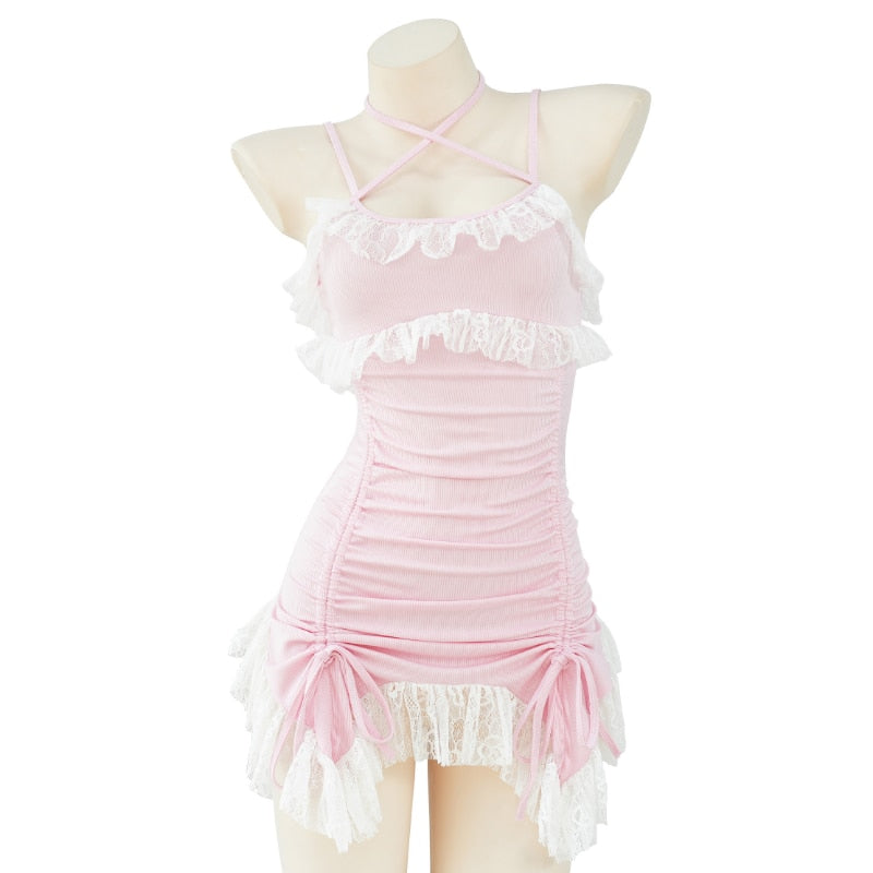 Harajuku Kawaii Y2K Baby Pink Ruched Dress