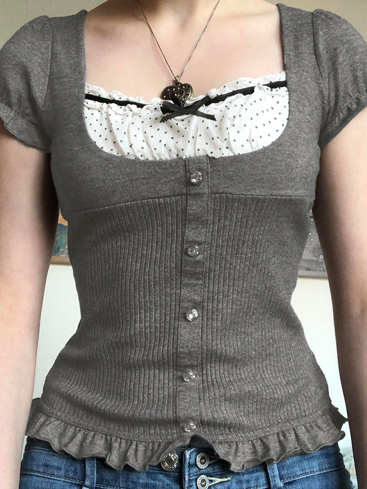 Coquette Aesthetic Puff Sleeve Gray Milkmaid Top – The