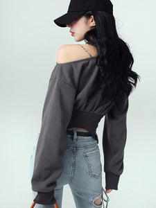 Harajuku Korean Fashion Streetstyle Corsetry Inspired Asymmetric Cropped Sweatshirt