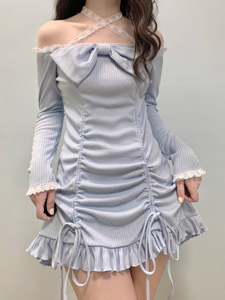 Dollcore Balletcore Off Shoulder Drawstring Mini Dress