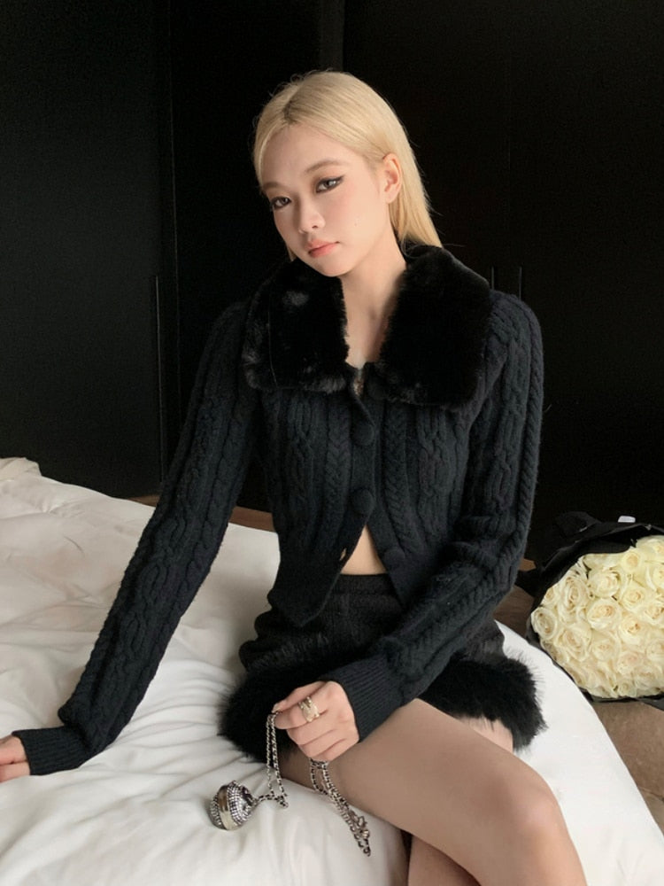 Korean Style Aesthetic Fur Lined Cable Knit Cardigan