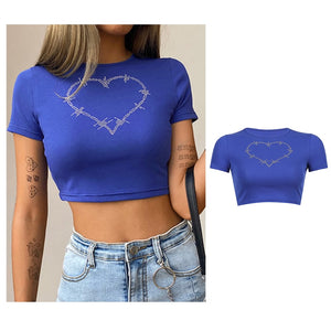 Y2K Rhinestone Barbed Wire Heart Print Crop Top
