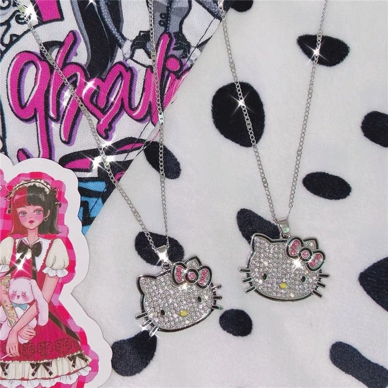 Harajuku Kawaii Aesthetic Y2K Hello Kitty Bling Rhinestone Necklace Hellokitty