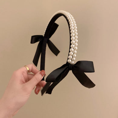 Kawaii Korean Style Jennie Wonyoung Pearl Black Bow Headband