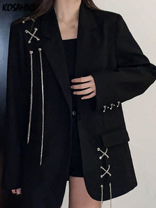 Harajuku Korean Fashion Street Fashion Oversized Black Blazer with Chain Details