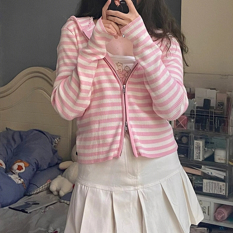 Harajuku Kawaii Aesthetic Y2K Pink Striped Hoodie Cardigan – The