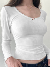 Coquette Aesthetic Rose Button White Rib Knit Long Sleeve Top