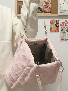 Kawaii Coquette Aesthetic Dollette Baby Pink Faux Fur Heart Print Shoulder Bag