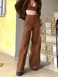 Harajuku Korean Fashion Y2K High Waist Brown Flower Patch Wide Jeans