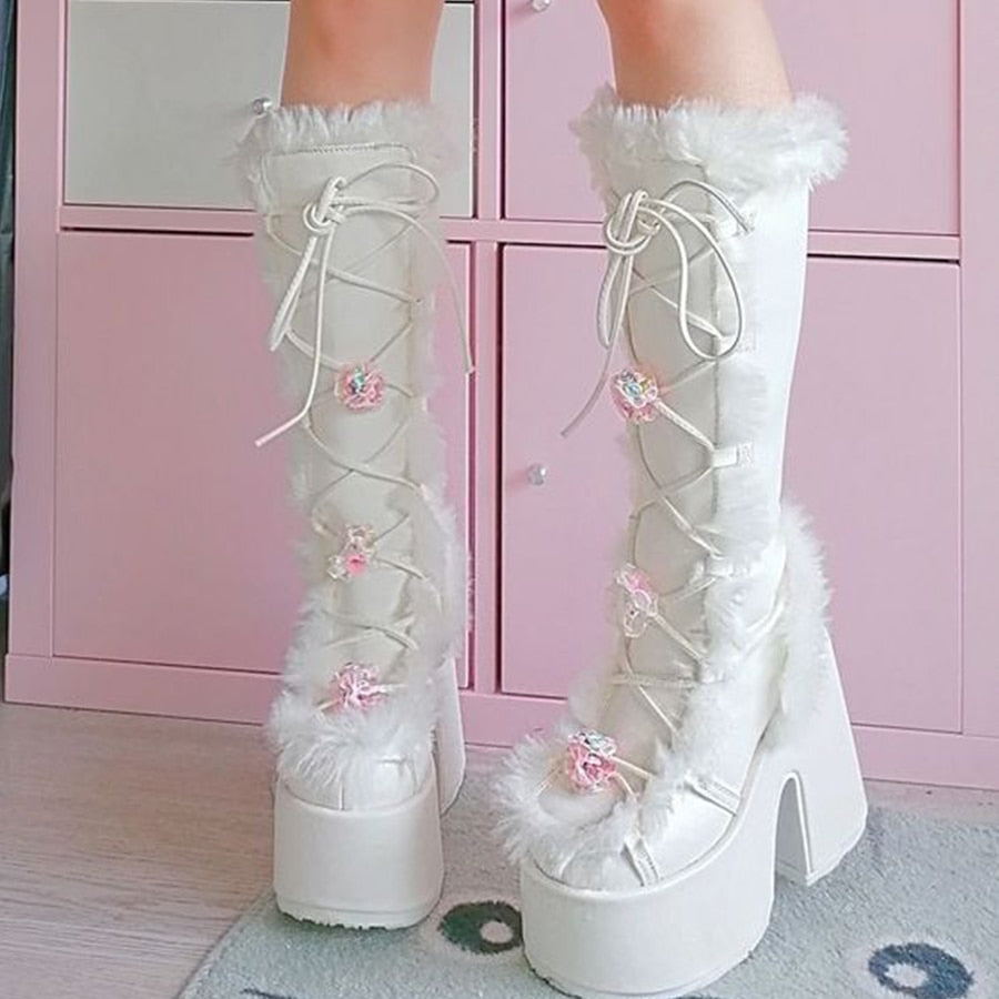 Winter Boots Fluffy White Demonias White Fluffy Demonia Y2K