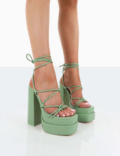 womens chunky heel high heel platform lace up sandals sage green