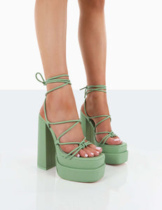 womens chunky heel high heel platform lace up sandals sage green