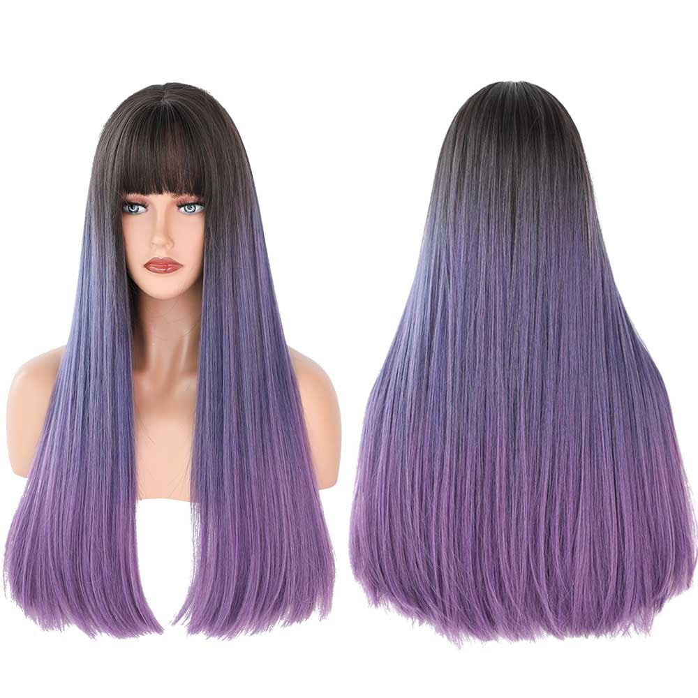 Korean Style Kpop Idol Wig Cosplay Synthetic Wig Blue Purple Ombre Straight Long Wig