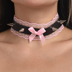 Y2K Aesthetic Gothic Pink Lace Bow Spike Choker