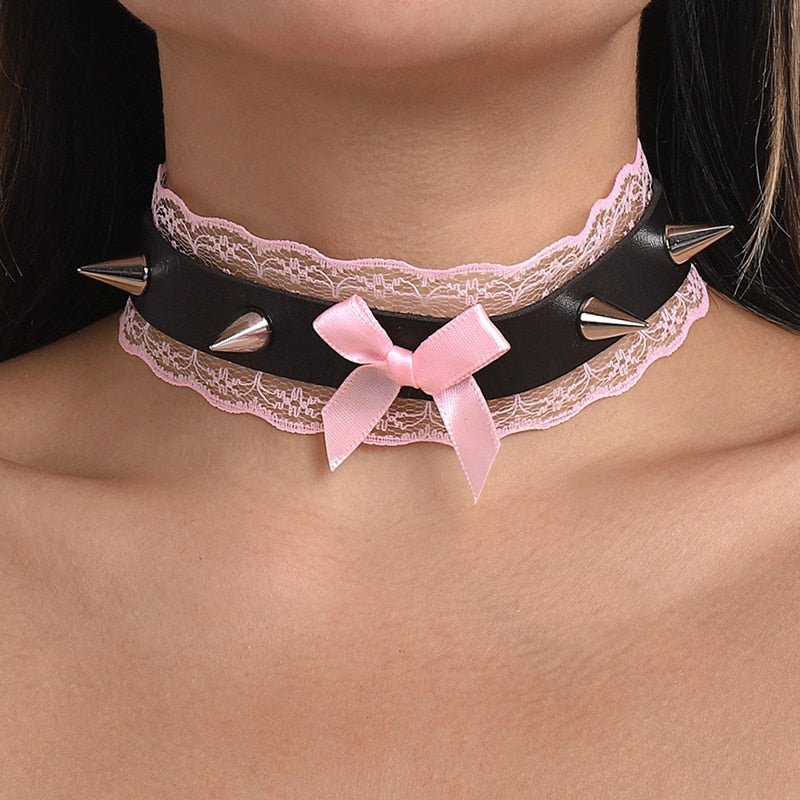 Gothic Choker Pink Spiked Choker Y2K Aesthetic Gothic Pink Lace Bow Spike  Choker – The Kawaii Factory