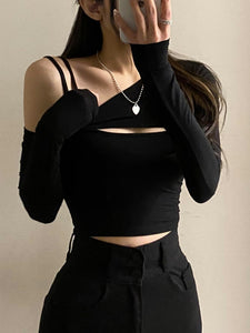 Korean Fashion Sexy Cropped Off Shoulder Tank Top and Shrug Set (Black)