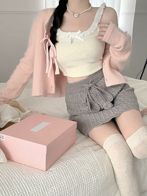 Kawaii Soft Girl Aeshetic Coquette Dollette Balletcore 3-Piece Knit Cardigan Mini Skirt Set