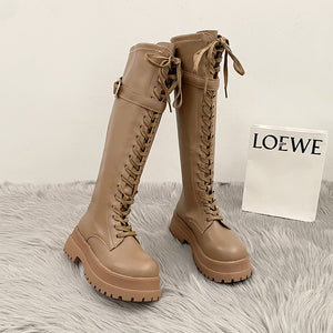 Harajuku Korean Fashion Knee High Laceup Combat Boots (Milk Tea Brown)