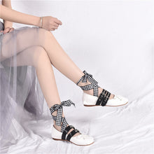 womens white satin buckle flats with black and white gingham laces ribbon lace up ballet flats