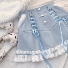 Harajuku Kawaii Aesthetic Baby Blue Corset Lacing Heart Lace Trim Skirt