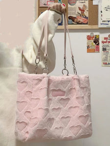 Kawaii Coquette Aesthetic Dollette Baby Pink Faux Fur Heart Print Shoulder Bag