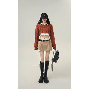 Korean Fashion Cropped Knit Sweater and Shirt Two Piece Set (Brown)