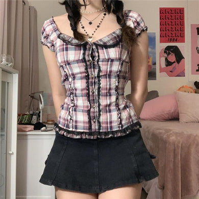 Harajuku Kawaii Aesthetic Y2K 2000s Fashion Short Sleeve Pink Plaid Fitted Button Up Shirt