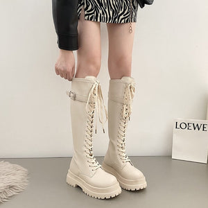 womens lace up knee high boots beige white