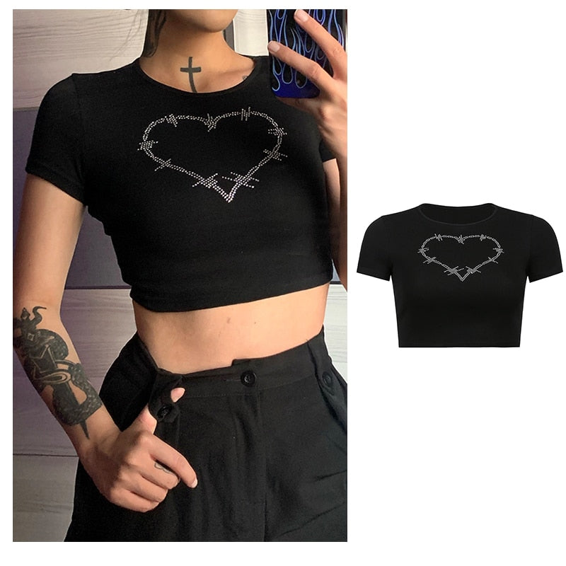 超歓迎された Wire Barbed Rhinestone Y2K Heart Kawaii The – Top Crop Print トップス