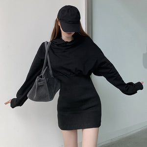 Harajuku Korean Fashion Cinched Waist Hoodie Dress Mini Dress (Black)