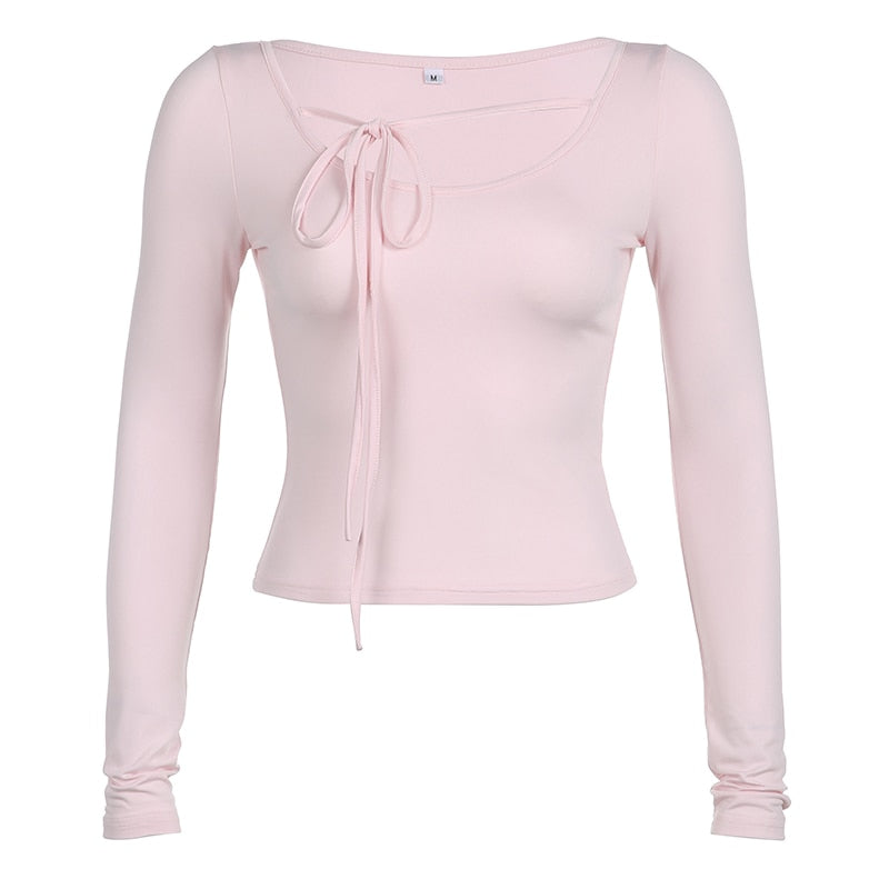 Womens Coquette Aesthetic Long Sleeve Pink Top with Bow – The