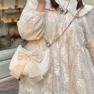 Harajuku Kawaii Fashion Coquette Aesthetic Big Bow Pearl Handle Shoulder Bag (Black/White)