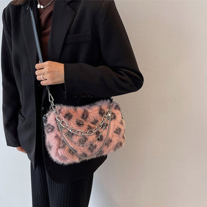 Korean Fashion Aesthetic Faux Fur Chain Shoulder Bag Pink