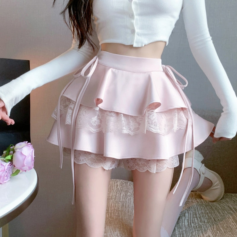 Kawaii Soft Girl Aesthetic Coquette Dollette Ruffle Lace Mini Skirt ...